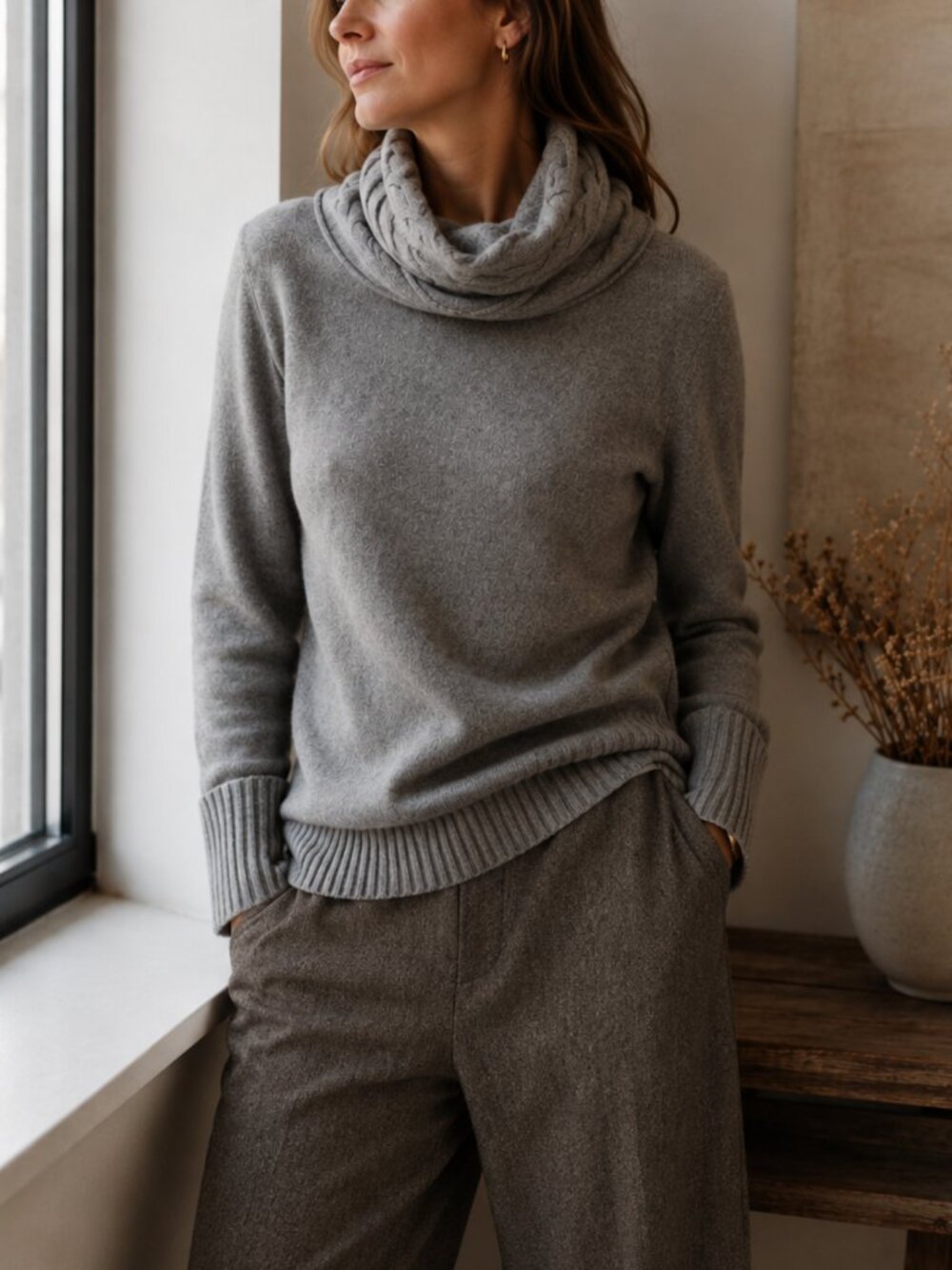 Banana Republic 100% Cashmere Grey Cable Cowl Neck Sweater M Quiet Luxury EUC